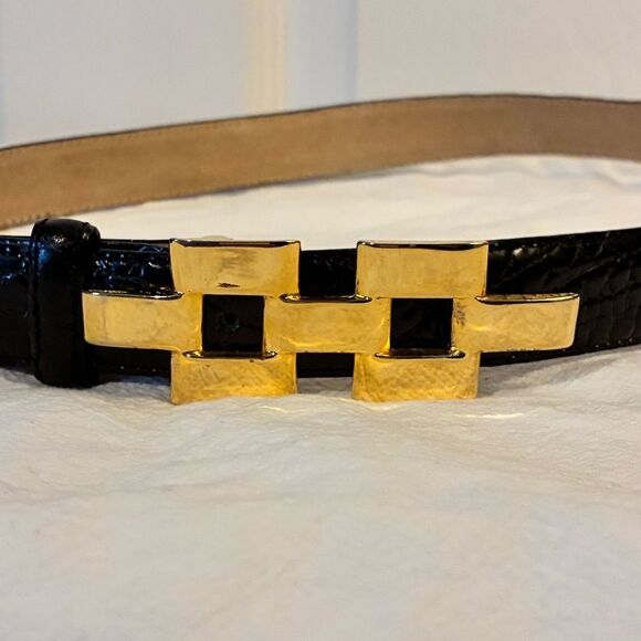 Black Leather Croc-Embossed Belt Gold Buckle Size S/M main image 4